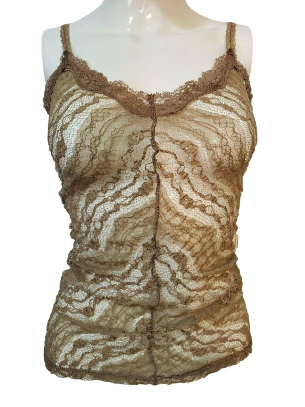Lace Cami Top Sheer Strappy Stretch Boho Womens XS/S Fits Sz 2-4 Taupe Beige NWT